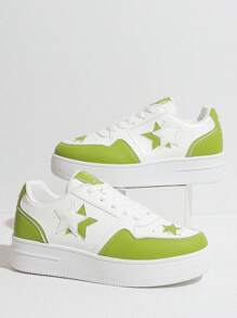 春季新款星形图案厚底女童运动鞋，系带透气软底防滑运动休闲鞋，适合青少年和青年 - 綠色 - 查看 10