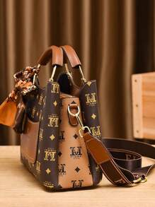 3 Peças Conjunto de Bolsas de Moda Feminina com Padrão Geométrico, Cor Marrom Escuro, Material de Couro Artificial, Forro de Poliéster, Borda de Óleo para Mulheres Elegantes