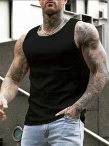 Men's Summer Sleeveless Top, Solid Color, Suitable For Sports, Fitness, Versatile - Black - View 1