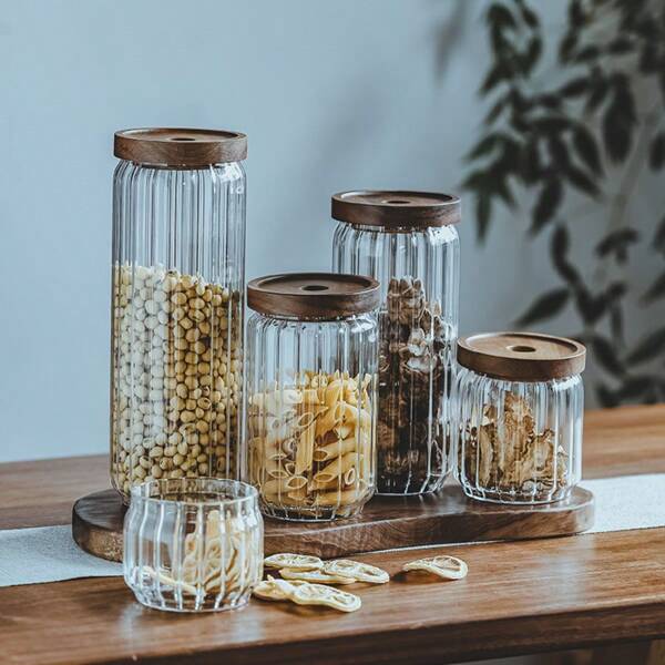 1 stuk gestreepte acaciahouten deksel, luchtdichte glazen bus, 350 ml/500 ml/750 ml/1000 ml/1300 ml/1800 ml, gemaakt van hoog borosilicaatglas, hitte- en koudebestendig, magnetron- en koelkastbestendig