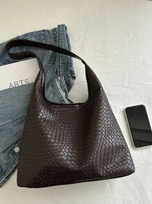 New Versatile Plain Color PU Shoulder Bag, Casual Minimalist Baguette Large Tote - Coffee - View 4