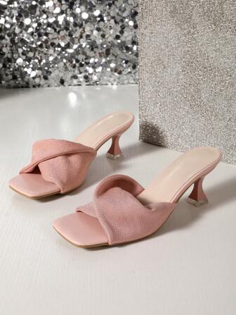 Solid Color Square Toe High Heel Sandals With Backless Design, Suitable For Party And Wedding