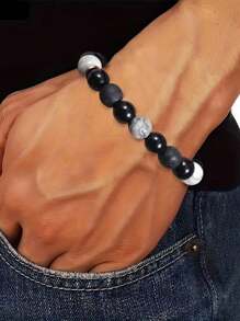 1pc New Matte Black Glass Beads Cube Weaving Bracelet, Men's High-End Retro Personalized Adjustable Rope Bracelet Gift Jewelry