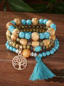 4pcs/Set Boho Multilayer Wooden & Glass Beaded Bracelets With Tassel, Life Tree & Butterfly Pendants, Suitable For Everyday Wear