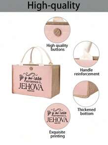 This Women's Linen Bag Printed With "Jehovah" Jesus-Themed Letters, Meaning God, Jesus, Christianity, Can Be Used As A Religious Activity Bag, Shopping Bag, Portable Multipurpose Cosmetic Bag, Lunch Bag, Student Backpack, It Is The Best Gift For Women, Mothers, Teachers, Friends, Bridesmaids, And Can Also Be Used As A Casual Storage Bag And Multipurpose Shopping Bag. - Pink - View 5