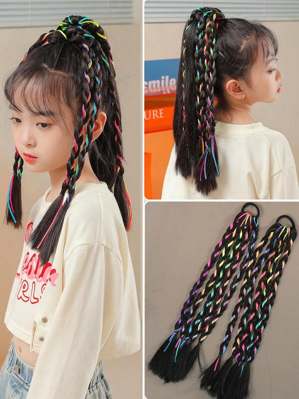 1pc/2pcs 16inch Kids Ponytail Extension With Box Braids Hair Extensions For Kiddie Synthetic Hairpieces Easy Fashion Hairstyle For Baby Girls Toddler Gift