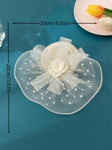 1pc Flower Mesh Lace Pearl Polka Dot Retro Small Fascinator Hair Clip, Suitable For Holiday Photo Shoots, Model Runway - Beige - View 4