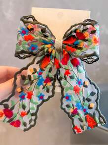 1pc Girls Colorful Embroidered Lace Bow Ribbon Barrette - Bow - View 2