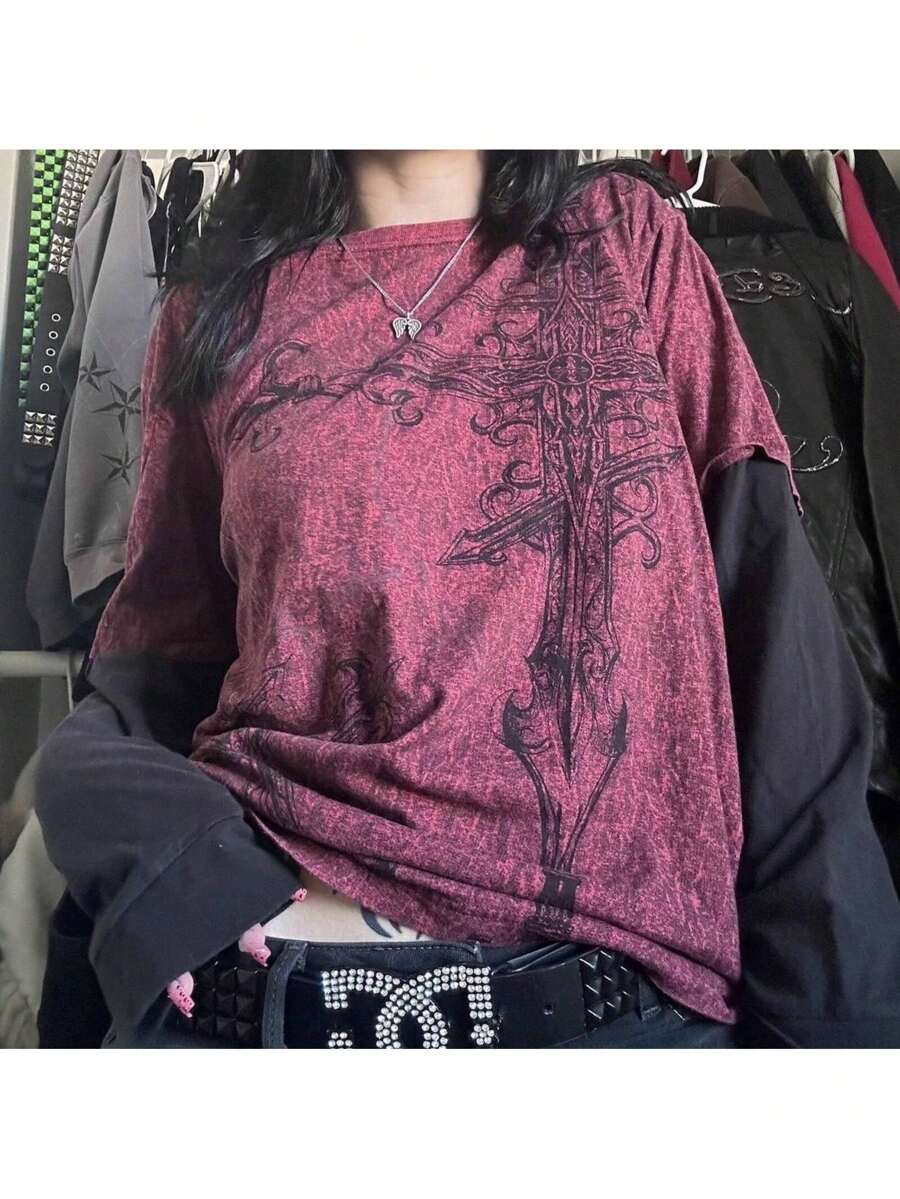 Women Y2k Fairy Grunge Shirt Top Goth Cross Print Long Sleeve Crewneck Fake Two Piece T Shirts Tops E-Girl Oversized Emo Tees Blouse Vinatge Aesthetic Clothes Streetwear - 紫色 - 查看 1
