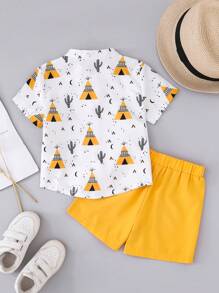 2pcs Boys Toddler Casual Cartoon Excavator Print White Short Sleeve Top And Yellow Shorts Set, Suitable For Outing, Holiday, Party, Home Wear In Summer