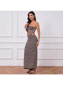 YOKASA Leopard Print Mesh Patchwork Tube Top & Bodycon Skirt Set With Bow Tie - Brown - View 2