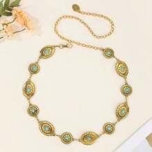 Bohemian Style Vintage Metal Chain Belt With Turquoise & Carved Flower Design, Acrylic Waist Chain, Sexy Fabric Waist Chain, Suitable For All Seasons - Gold - View 6