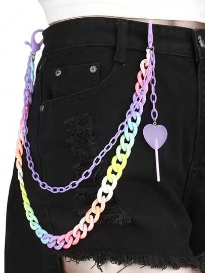 Double-Layer Rainbow Resin Pants Chain With Heart Lollipop Charm - Lightweight, Fashionable Accessory For Jeans And Skirts