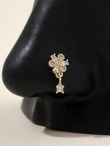 1pc L-Shaped Golden Rhinestone Flower Nose Ring Stud With Pendant