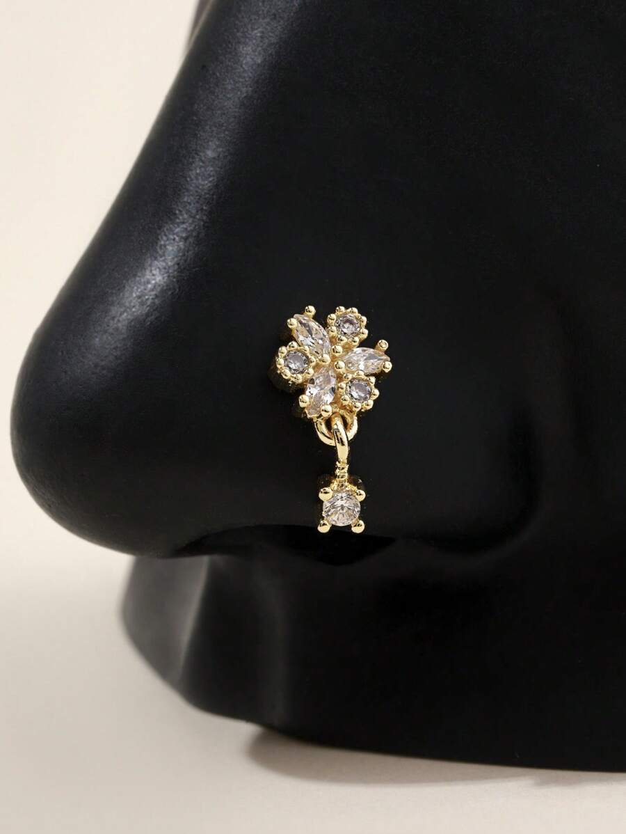 1pc L-Shaped Golden Rhinestone Flower Nose Ring Stud With Pendant
