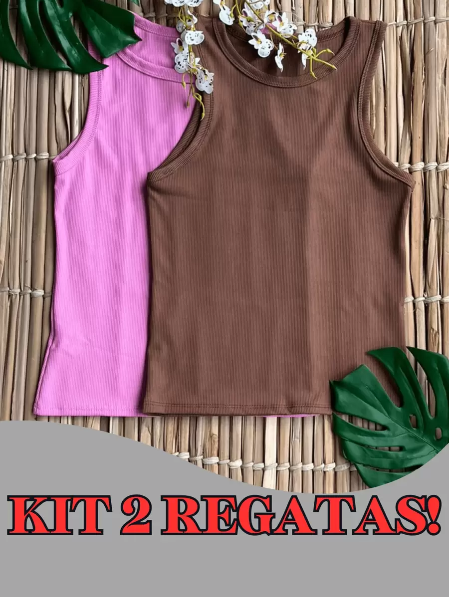 Kit 2 Women's Plain Ribbed Tank Top Basic T-Shirt Casual Sleeveless Blouse - 粉紅色/棕色 - 查看 1