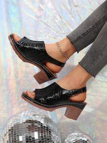 女士厚底凉鞋，露趾纯色高跟鞋，防滑厚底一脚蹬鞋，配有弹性踝带