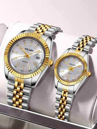 2pcs Fashionable Business Casual Versatile Men's And Women's Steel Strap Quartz Watch, Round Case, Diamond Strap Watch, Suitable For Gift Giving, Business Casual Wear