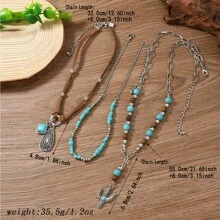 3pcs Retro Faux Turquoise Necklace Set, Bohemian Style Beaded Necklaces With Cactus, Heart And Boot Charms, Suitable For Daily Wear - Multicolor - View 12