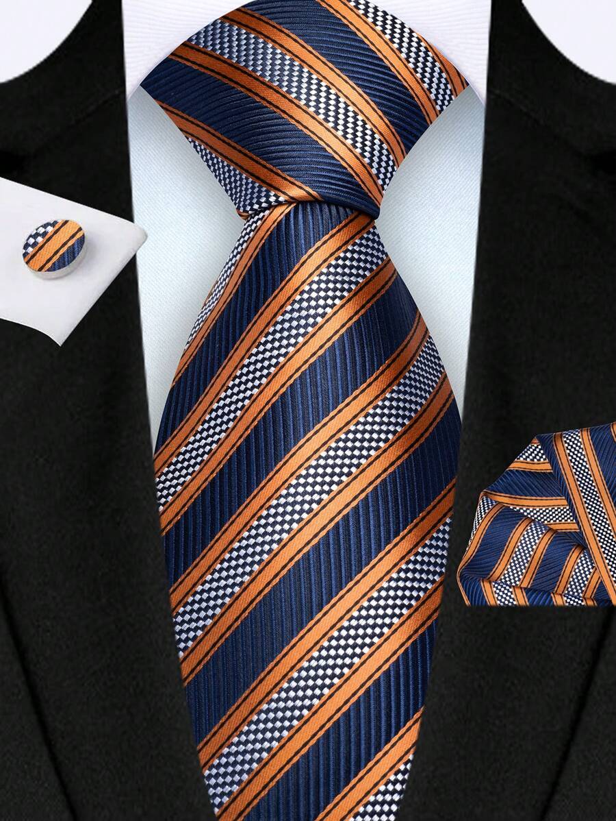 3pcs Set Men's 3.15 Inch Striped Necktie, Pocket Square, Cufflinks, High Quality Classic Fashion Business Casual Necktie Set, Men's Wedding, Party, Christmas Accessories Gift