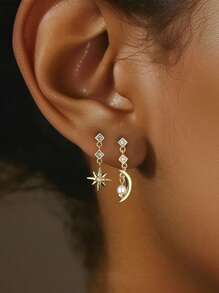 1 pieza de pendientes de tuerca con cadena de perlas, luna, estrella y borla de plata esterlina 925 de lujo, elegante y bonita para uso diario de mujeres como regalo de joyería para Ramadán