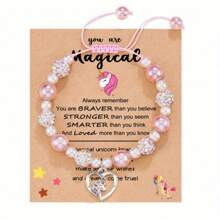 1pc Adjustable Unicorn Shaped Pendant Pink Beads Bracelet With Blessing Card, Jewelry Accessory - Pink - View 12