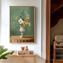 1 pieza Impresión artística en lienzo floral moderna - Diseño de jarr clásico europeo con fondo verde y beige, flores blancas y amarillas, perfecto para la sala de estar, el dormitorio, la cocina, el estudio y talla grande - Decoración de pared sin marco, regalo ideal, decoración floral