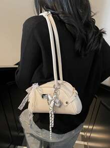 1pc Fashion Red PU Leather Handbag Shoulder Sling Pillow Bag With Lace Bow Decor, Unique Mini Bowlling Ball Bag, Comes With Charm