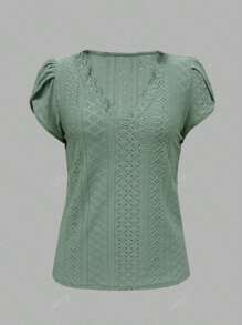 Vrouwen effen kleur contrast kant V-hals flounce korte mouw casual top