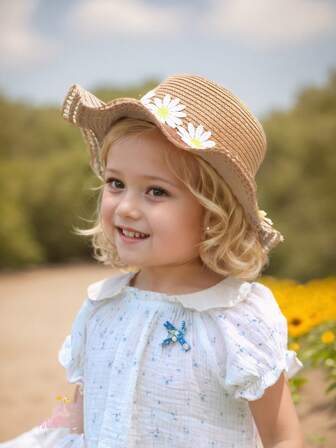 1 件装女童幼儿可爱清新夏季帽子，儿童防晒帽，百搭雏菊花印花渔夫帽