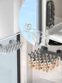 Non Drilling Multifunctional High-Strength Telescopic Suction Cup Wall Mounted Drying Rack, Household Storage Shelf, Drying Rack, Bathroom Rack, Sock Rack, Underwear Rack, Towel Rack, Free Extension Saves Space, With 4 Rows Of Hanging Rods And 20 Hooks, Suitable For Drying Socks, Underwear, Towels, Shoes, Hats, Pillows ﻿ - Transparent - View 2