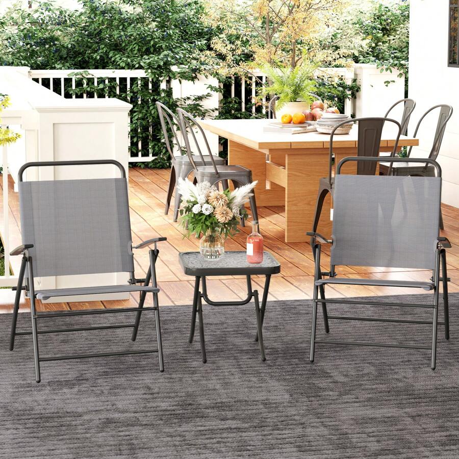Outsunny 3-Piece Outdoor Patio Table And Chairs Set Folding Garden Furniture With Adjustable Backrest Glass Tabletop And Steel Frame Grey - Grey - View 1