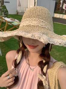 1pc Japanese-Style Summer Beach Hat, Women's Lace Straw Hat, Fresh Protective Sun Hat For Travel & Vacation, Foldable