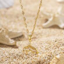 1pc Fashion Charming Minimalist Style Copper Inlaid Zirconia Plated 18K Gold White Fish Tail Pendant Necklace, Suitable For Ladies Beach Holiday Wear, Jewelry Accessory, Gifts For Friends