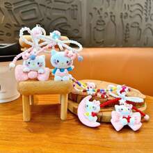 Sanrio 1PC New Cartoon Bow Cat Keychain Pendant Personalized Hand Drawn Bead Rice Bead Chain Accessories Earphone Cover Decoration
