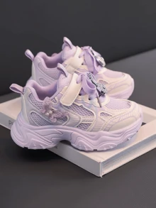 时尚新款女童运动鞋，春夏季透气童鞋，中童厚底可爱蝴蝶结公主跑鞋，魔术贴，学生厚底运动鞋 - 紫色 - 查看 3