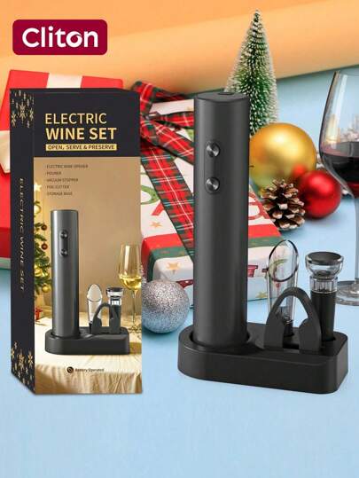 CLITON 5-In-1 Electric Wine Opener Gift Set Electric Wine Bottle Opener Battery Operated Corkscrew With Foil Cutter, Wine Pour, Wine Stopper And Storage Base,Electric Wine Opener, Battery Operated Corkscrew Wine Opener With Foil Cutter, Aerator, Vacuum Stopper And Storage Base, Ideal Wine Gifts For Birthdays, Weddings