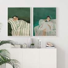 Set Of 2 Abstract People Wall Art Prints, Canvas Hangings, Posters, Wall Art, Contains Emerald Green Striped Woman Canvas Poster, Minimalist Large Art Wall Decor, Coffee Lovers Prints, Spring Decor For Living Room, Bedroom, Cafe, Bar, Office, Hallway And Home Room Decor Artwork Gifts Birthday Graduation