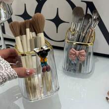 亚克力办公桌收纳盒 - 透明笔筒和收纳盒，化妆刷架，办公室和宿舍必备的塑料，带粉色蝴蝶结装饰