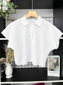 ELLIE Casual Striped Print Loose Cropped Shirt - 單色白色 - 查看 1