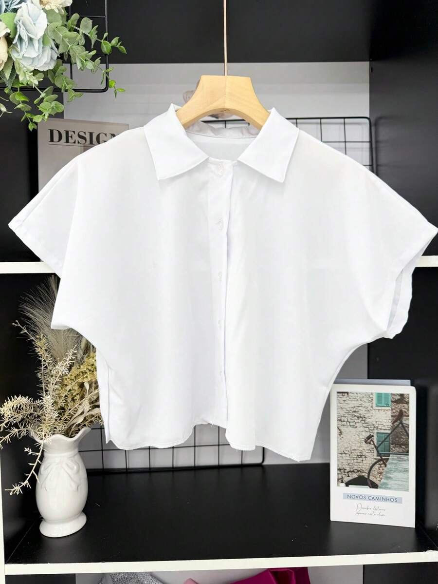 ELLIE Casual Striped Print Loose Cropped Shirt - 單色白色 - 查看 1