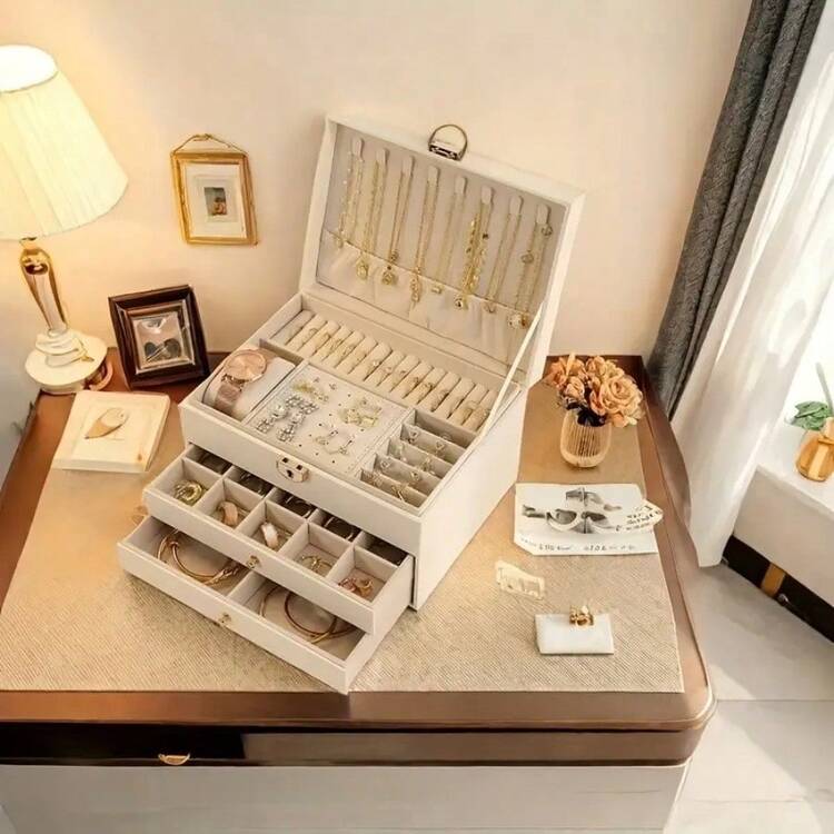 Hộp đựng trang sức bằng da PU 3 lớp thanh lịch có khóa và ngăn kéo lót mềm - Hoàn hảo để đựng vòng cổ, hoa tai, vòng tay - Món quà lý tưởng cho phụ nữ và trẻ em gái, Màu hồng, Hộp đựng trang sức - Nhiều màu - Xem 6