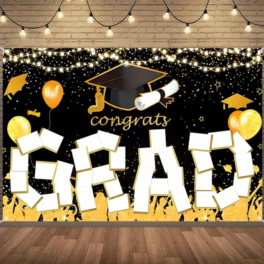1pc Personalized 2025 Graduation Banner, Black And Gold Polyester Fiber Background, Multipurpose Room Decor, Universal Graduation Party Decoration, No Electricity Required