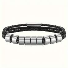 1 pieza Brazalete personalizado de piel de PU negra y acero inoxidable con grabado personalizado con su nombre/familia/nombre de pareja, regalo para familia, pareja, hombres, Día del Padre