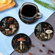 6pcs Wood Coasters With Felt Pads, 2D Mushroom Forest Art Design, Suitable For Holding Beverages, Coffee And Tea, Ideal For Home, Bar, Restaurant Decor, Christmas Gift, Table Mats And Tableware Accessories