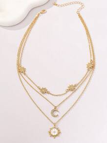 1pc Fashionable European & American Punk Style Casual Multilayer Gold Metal Inlaid Rhinestone 8-Pointed Star, Moon And Enamel 8-Pointed Star Sun Necklace, Stylish Gold Rhinestone Jewelry, Shiny Rhinestone Star Moon Pendant Necklace, Suitable For Women Daily Wear, Various Holidays, Beach, Vacation, Socializing, Party, Couple Gift, Mother's Day Gift - Gold - View 4