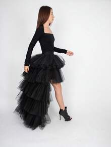 Women's High Low Tutu Skirts Sweet Elastic Waist Tulle Layered Ruffles Princess Petticoat Mesh Long Tiered Skirt For Prom Party Halloween - Multicolor - View 1