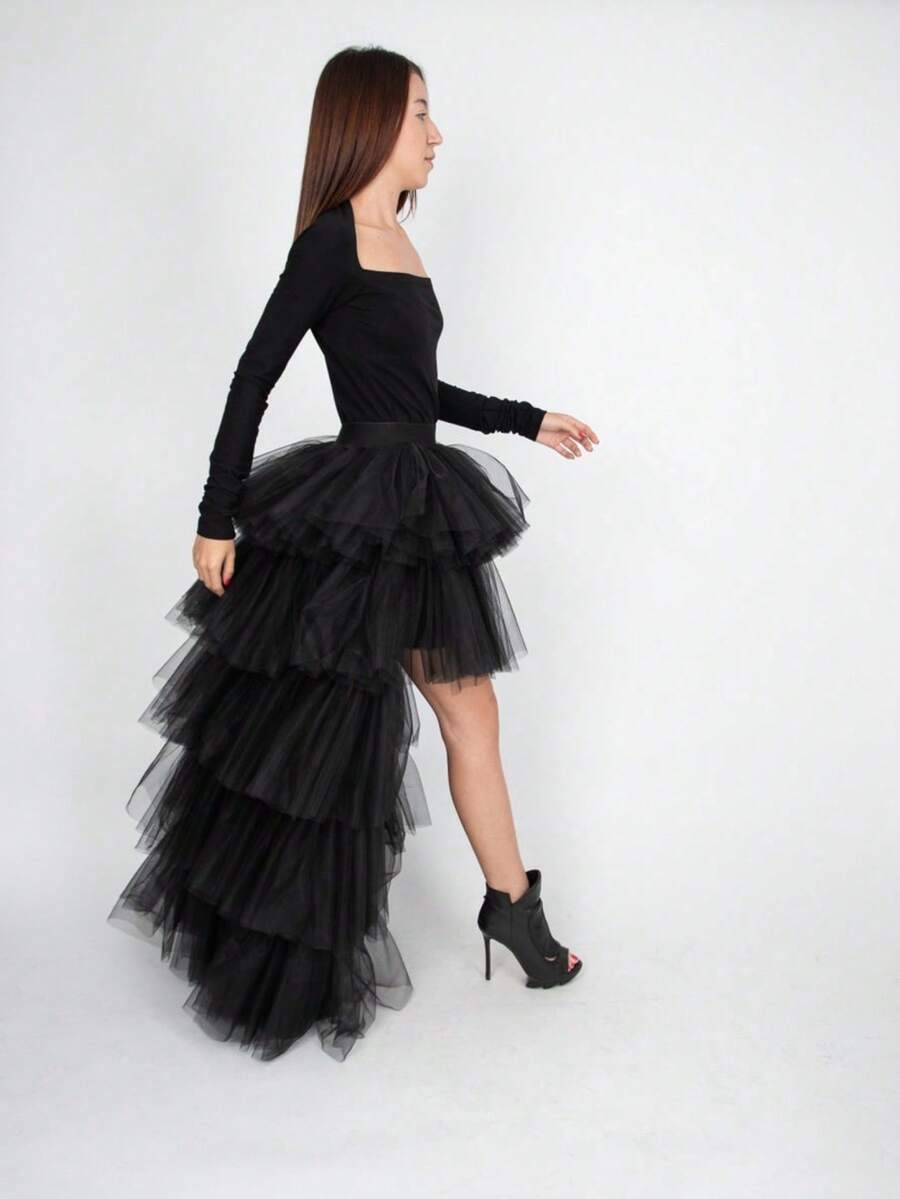 Women's High Low Tutu Skirts Sweet Elastic Waist Tulle Layered Ruffles Princess Petticoat Mesh Long Tiered Skirt For Prom Party Halloween - Multicolor - View 1