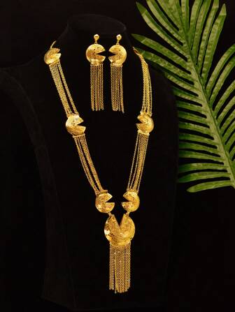 2 件首饰套装，金色流苏和几何复古铜超长项链和耳环，斋月奢华优雅，适合日常通勤、派对、时尚装扮