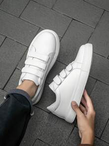 (Runs Small) Men's Classic Fashion Versatile White PU Splicing Hook And Loop Easy Wear Skate Shoes, Outdoor Sports Comfortable Non-Slip Low-Top Lightweight Flat Walking Shoes